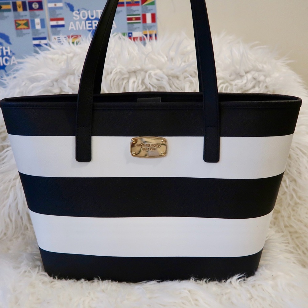 Michael Kors Black and White Stripe Tote Medium Size